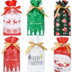 50pc - 6.5"x 5.75" - Christmas Print Pull String Plastic Treat Bags