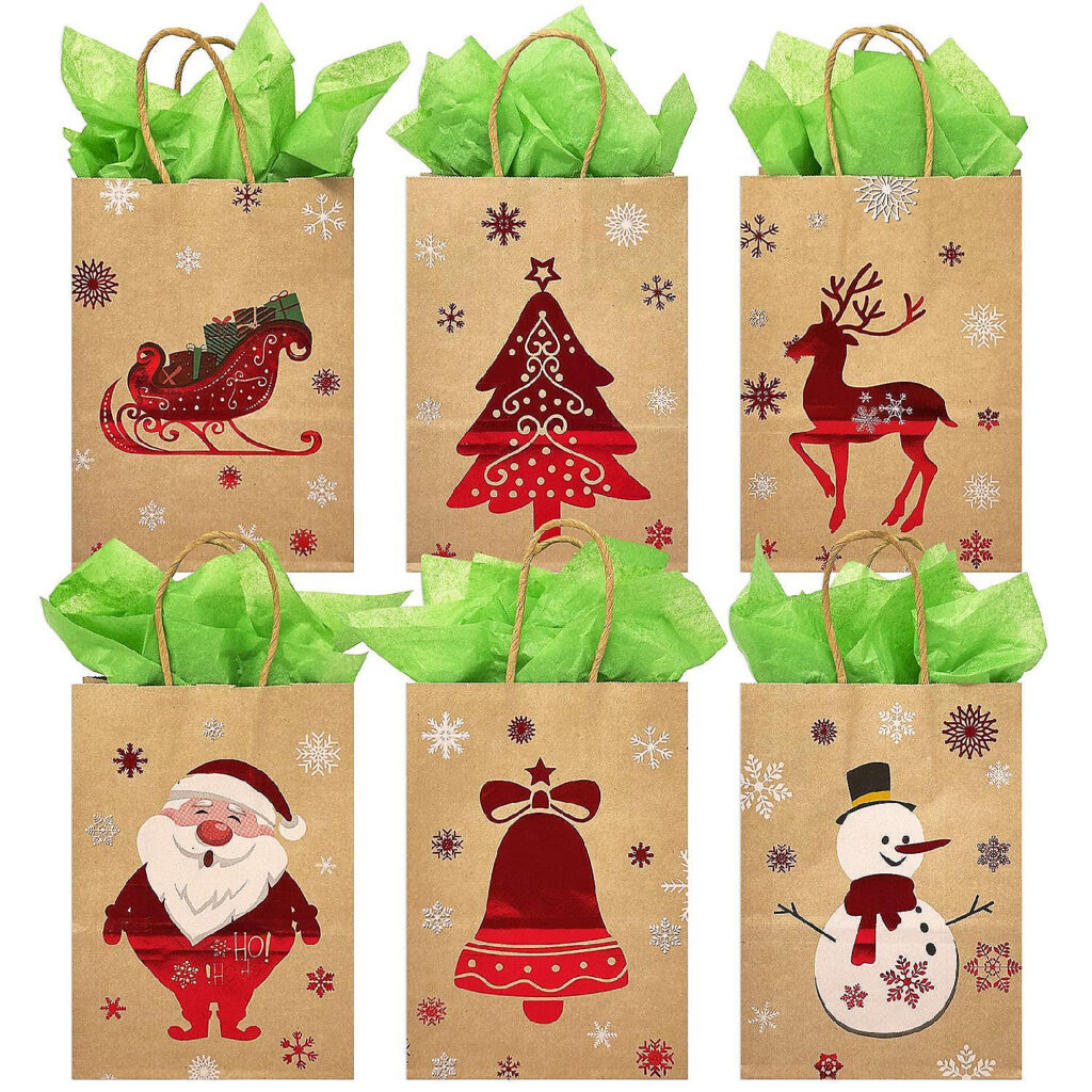 24 Pcs Christmas Kraft Gift Bags With Assorted Christmas Prints Fo...