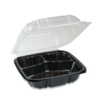 8''x8''x3'' - 3 Section Black Base Clear Hinged Lid/200pcs per case