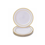 6pcs - 10'' Acrylic White Round Plate W/Gold Rim/24pks per case
