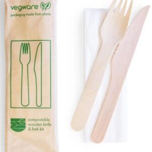 250ct - Compostable Wooden Knife & Fork Kit (Knife, Fork & Napkin Wrapped)