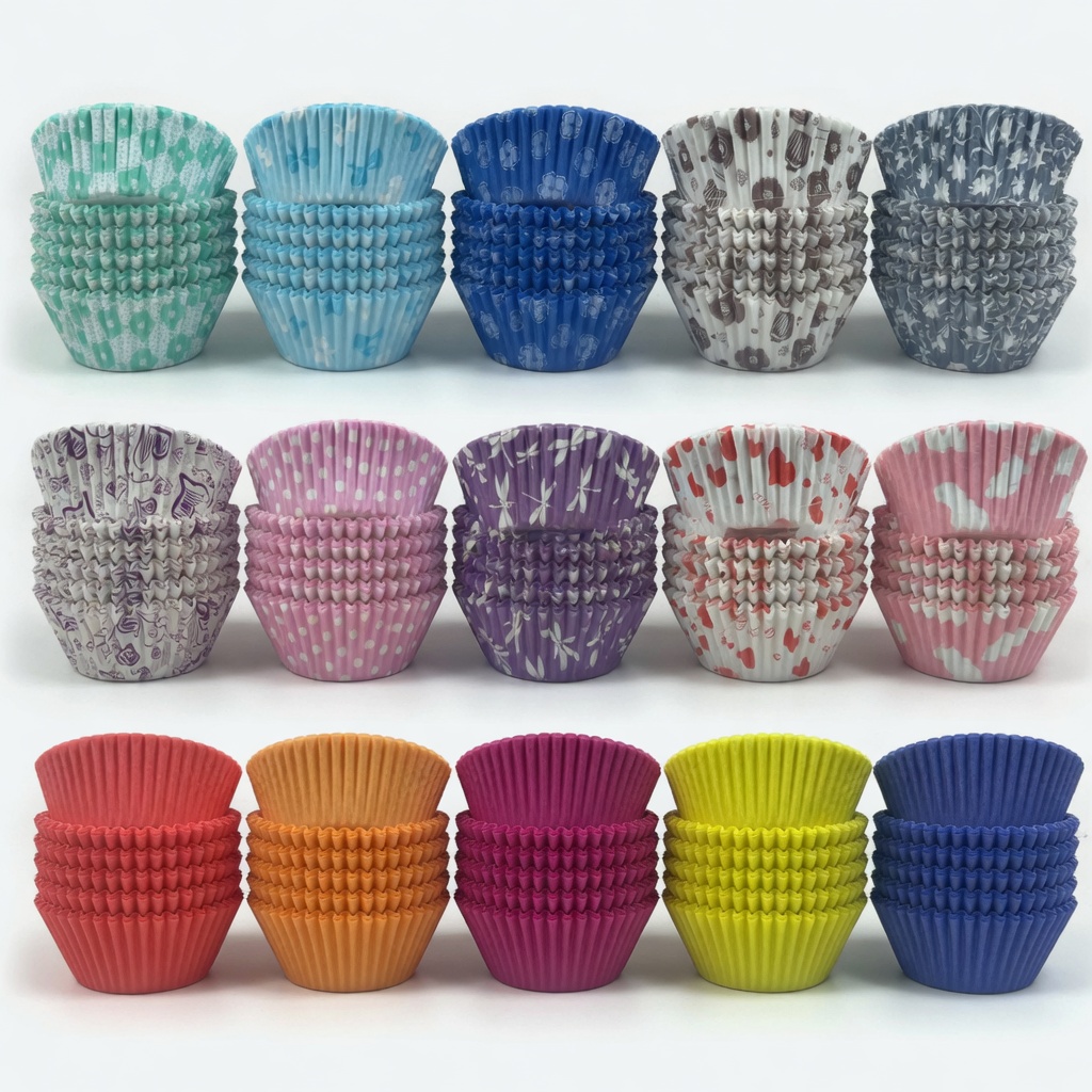 Rzz4s 100pc - 9cm Cupcake paper cupcake liners (Pattern & Plain Colours Assorted) - Image 1