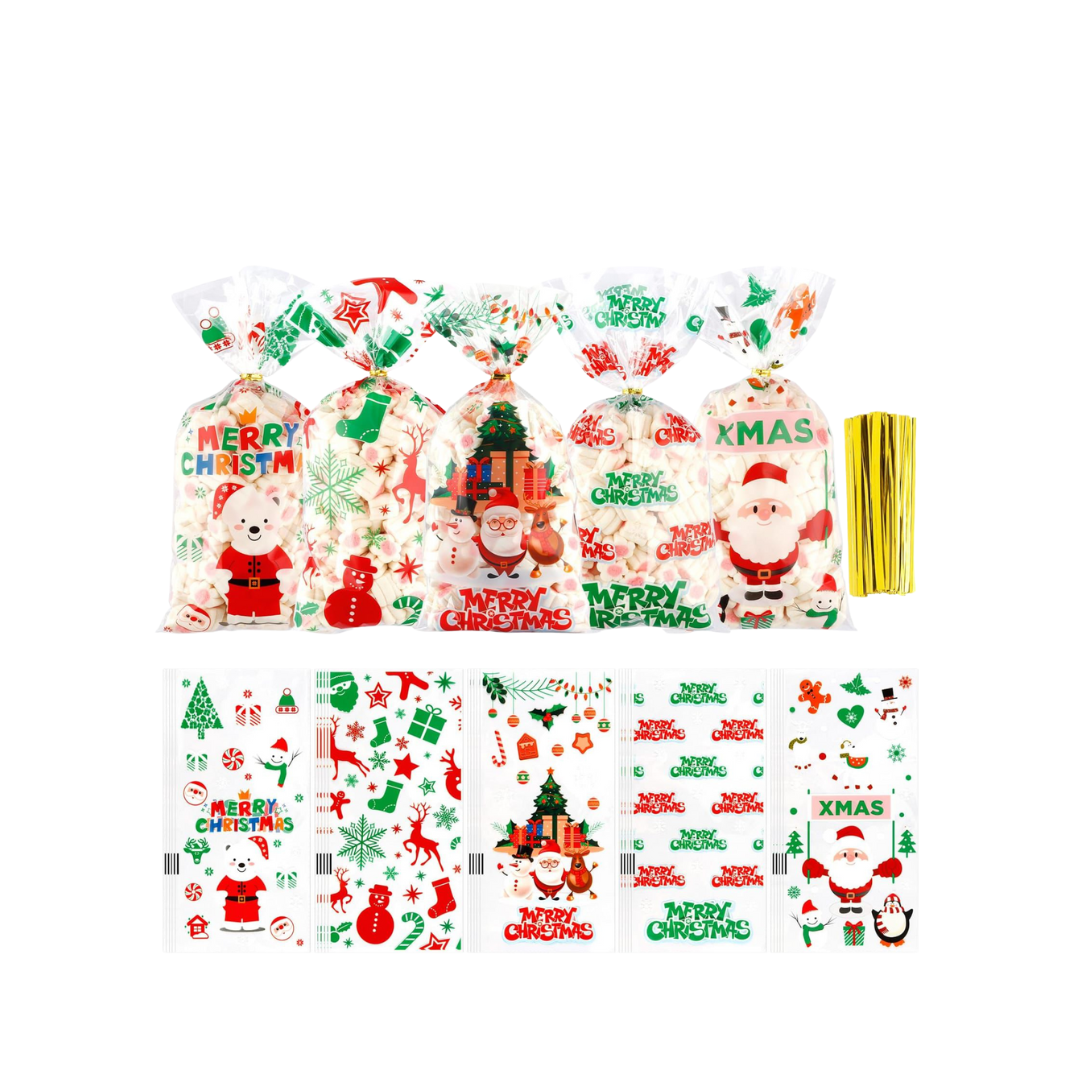 Untitled design (5) 50pc - 10.5"x 4.75" - Christmas Print Cellophane Treat Bags - Image 1