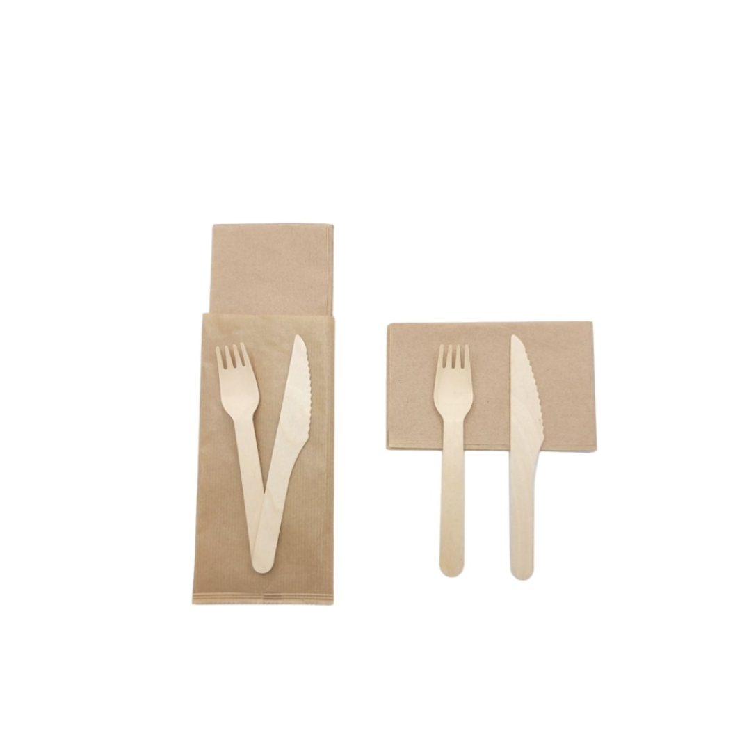 0430 25ct - Compostable Wooden Knife & Fork Kit (Knife, Fork & Napkin Wrapped/20pks per case/500pcs) - Image 1