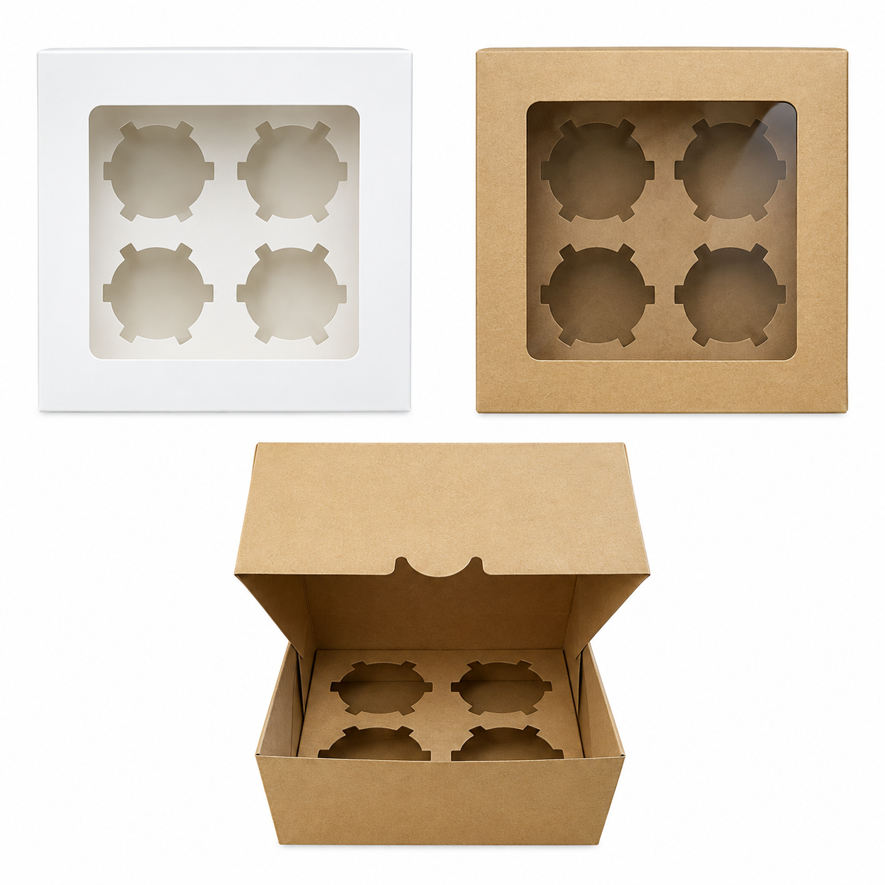 cup 4 Count Window Cupcake box with Insert - 6"x6"x3" - (Kraft & White) - Image 1