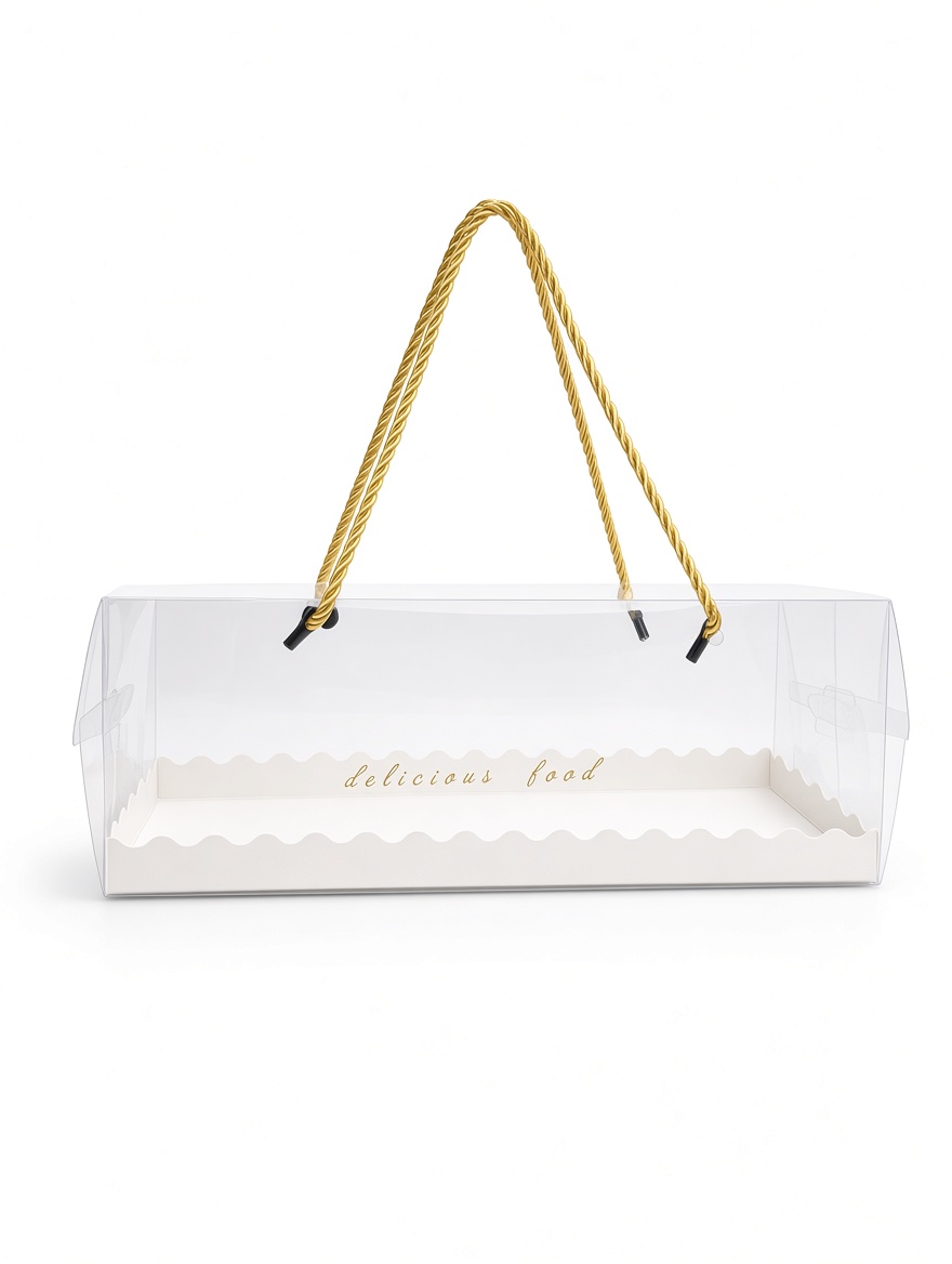 193-2 10.5''(L)x4''(W)X3.75''(H) - PVC Rectangular Cake Box With Gold Rope Handle - Image 1